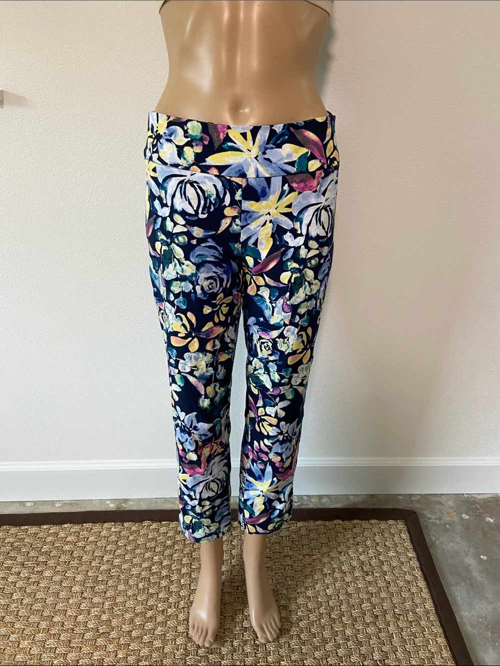 Zac & Rachel Navy Floral Cropped Ankle Pants with Yellow and Pink